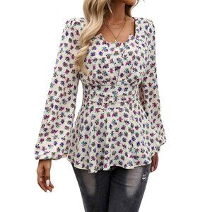 White Square Neck Puff Sleeve Floral Peplum Top Size S M L XL Flower Bouquets